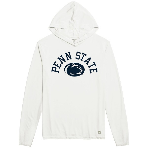 white long sleeve performance shirt with hood, Penn State, and Athletic Logo